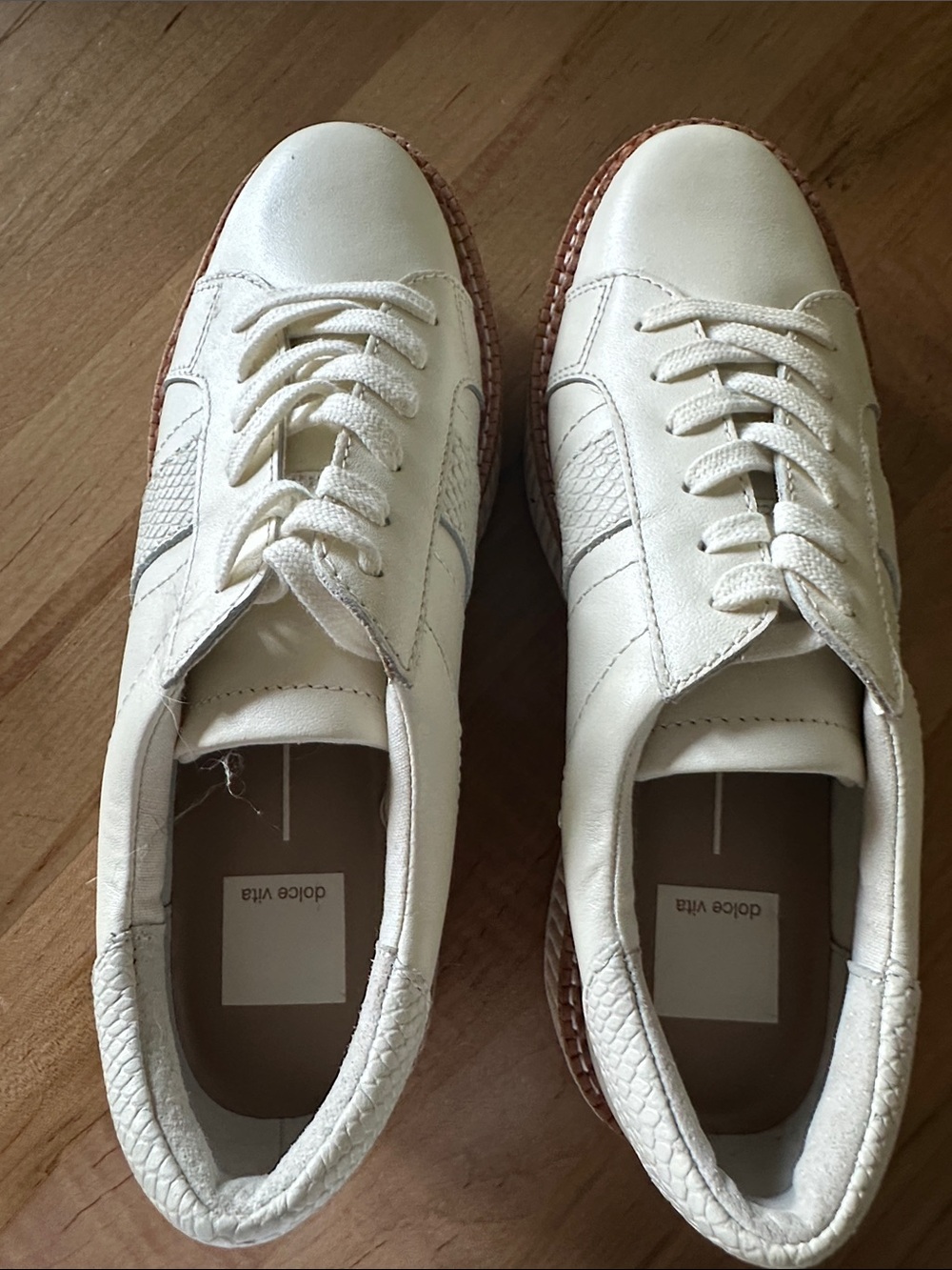 Dolce Vita Cream-White Low-Top Leather Sneakers with Brown Trim